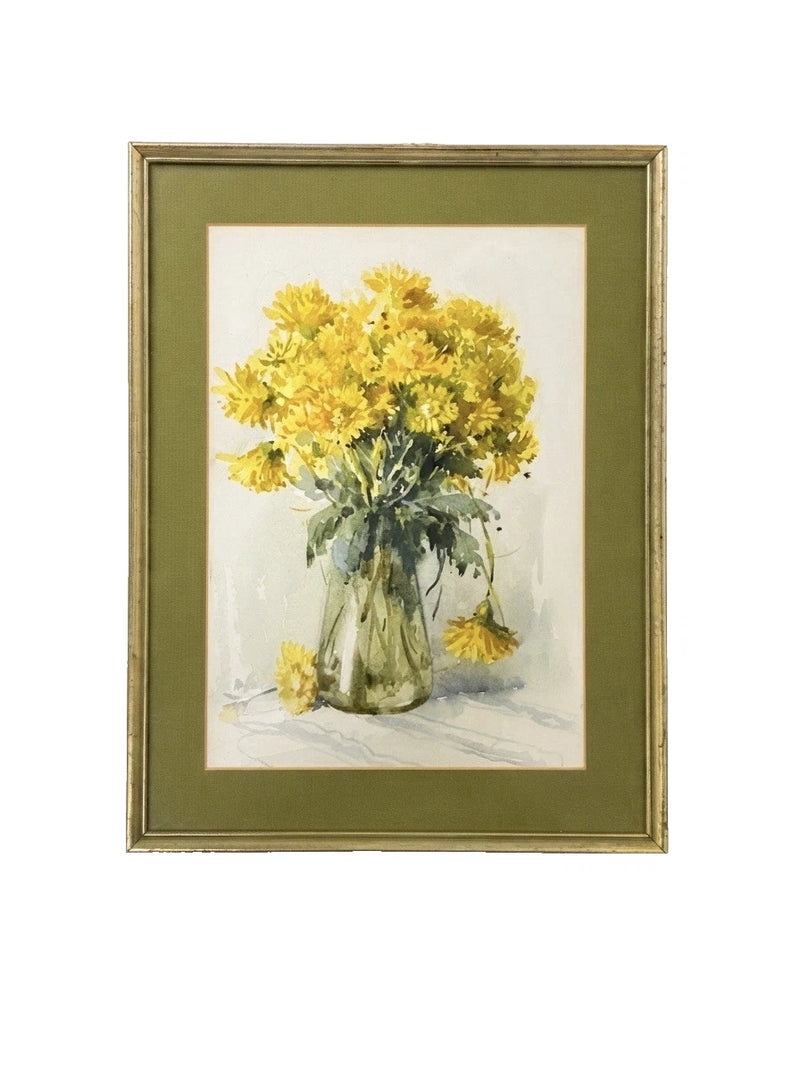 Yellow Floral Bouquet Watercolour Painting Gold Frame