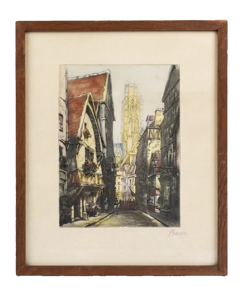 Vintage Signed Etching Marcel Julien Baron European Street Scene