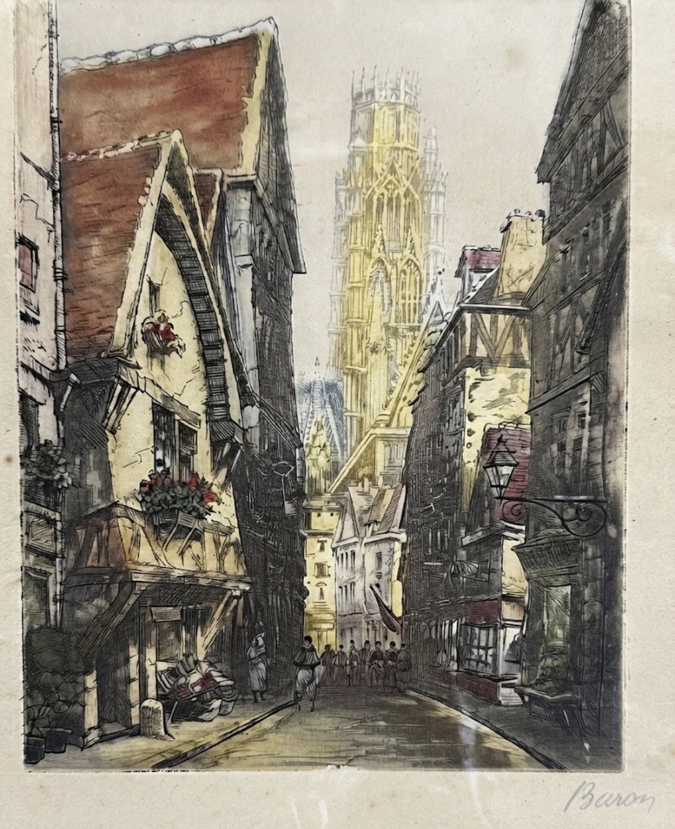 Vintage Signed Etching Marcel Julien Baron European Street Scene