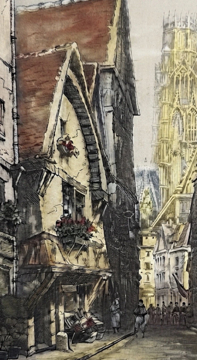 Vintage Signed Etching Marcel Julien Baron European Street Scene