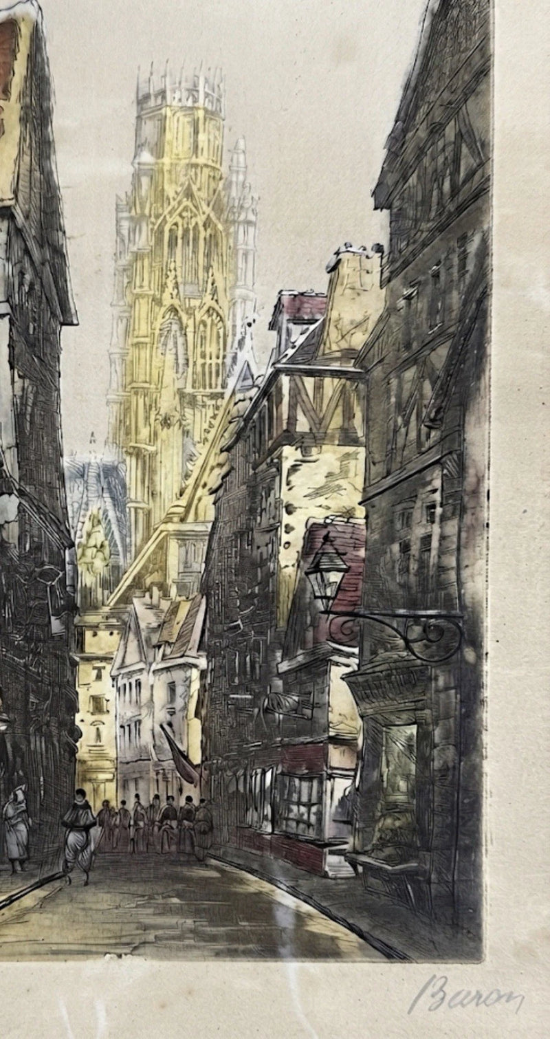 Vintage Signed Etching Marcel Julien Baron European Street Scene