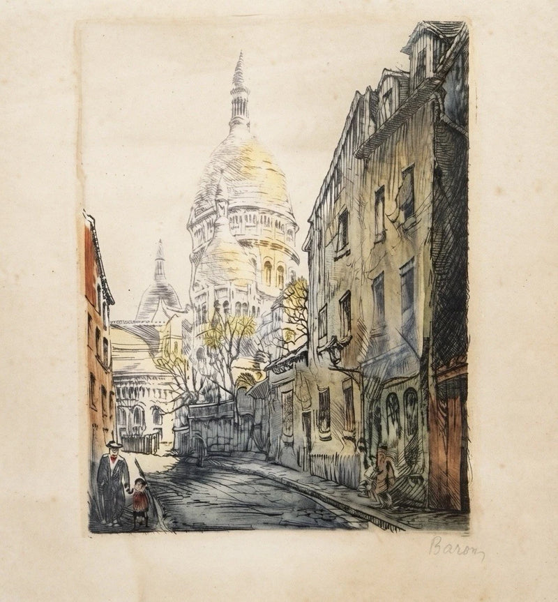 Hand Coloured Etching Marcel Julien Baron Paris Sacre Coeur