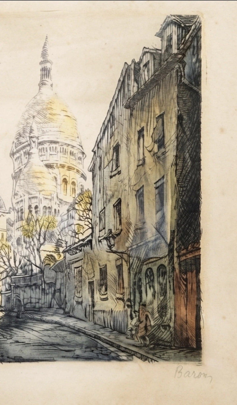 Hand Coloured Etching Marcel Julien Baron Paris Sacre Coeur