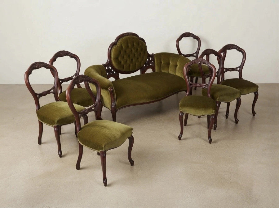 Antique Victorian 7pc Parlor Set Olive Green Velvet