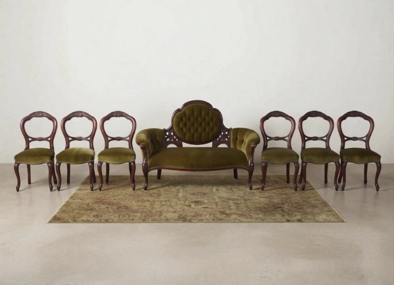 Antique Victorian 7pc Parlor Set Olive Green Velvet