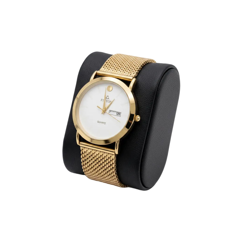 Fitron Gold Tone Quartz Watch — Mesh Strap Day Date