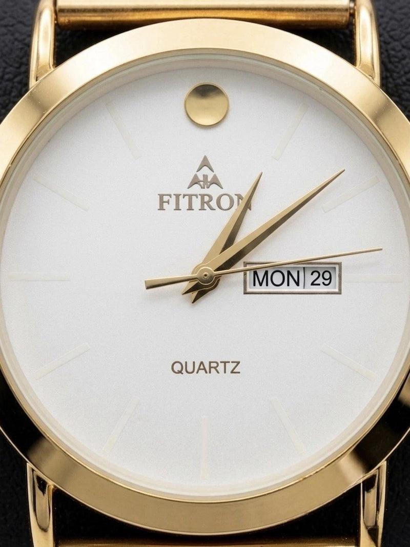 Fitron Gold Tone Quartz Watch — Mesh Strap Day Date