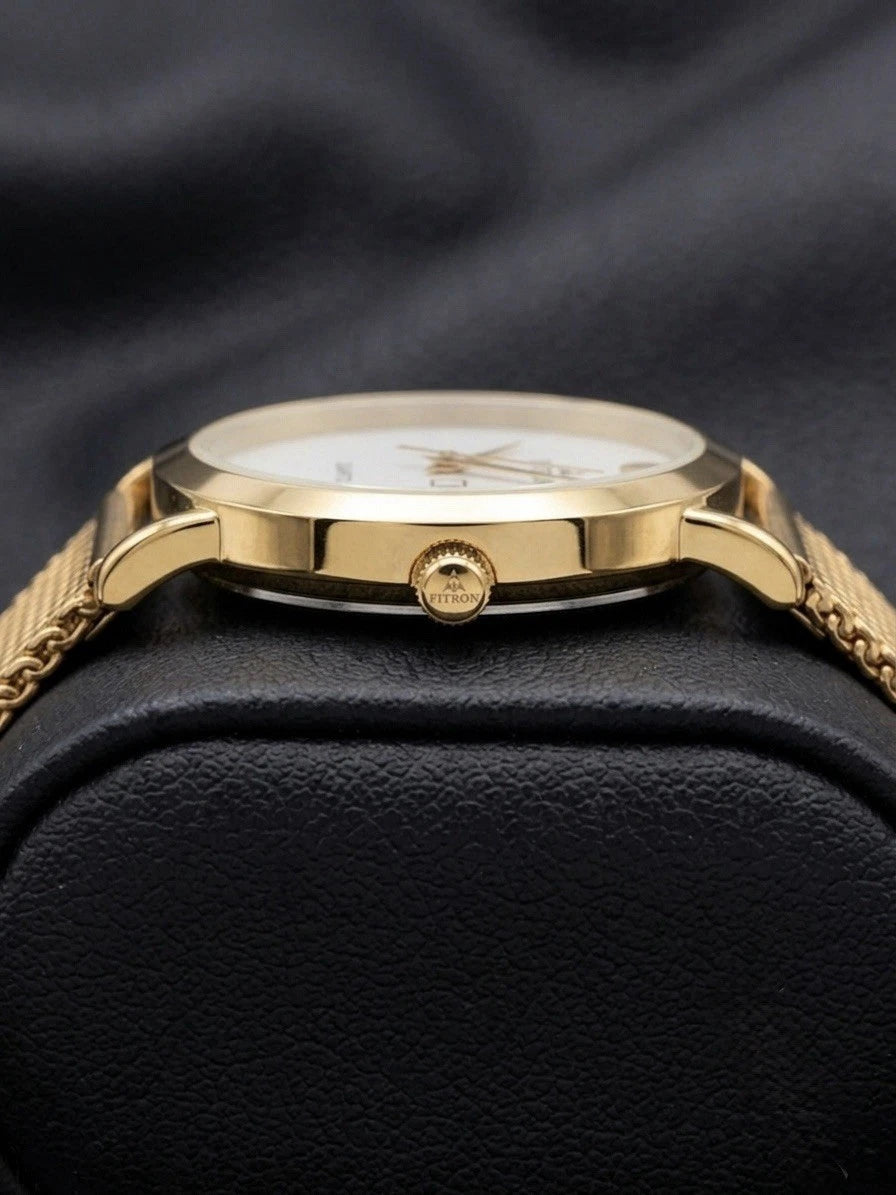 Fitron Gold Tone Quartz Watch — Mesh Strap Day Date