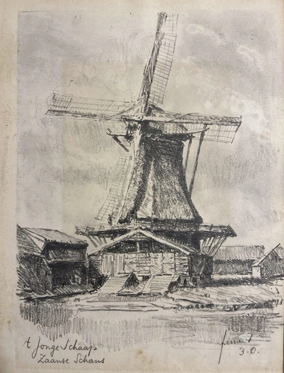 Antique 1928 Original Signed Drawing Windmill Landscape