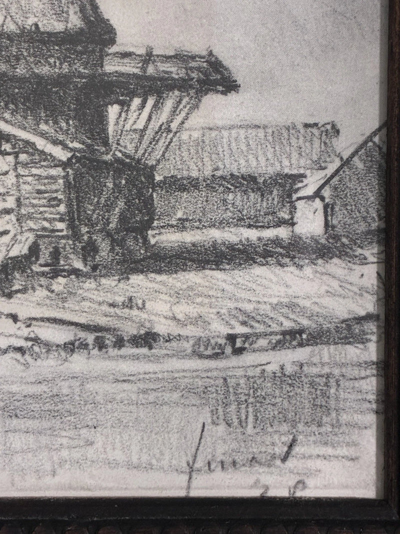 Antique 1928 Original Signed Drawing Windmill Landscape