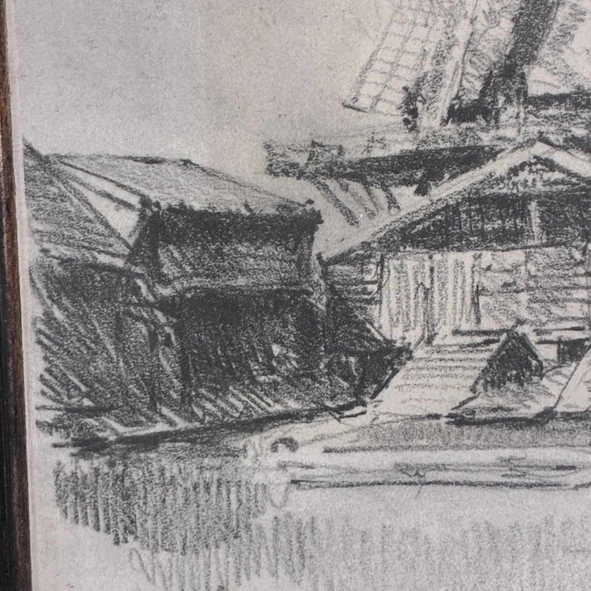 Antique 1928 Original Signed Drawing Windmill Landscape