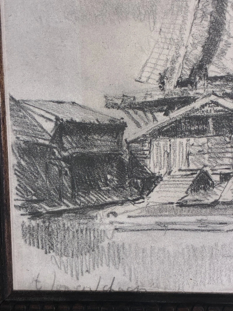 Antique 1928 Original Signed Drawing Windmill Landscape