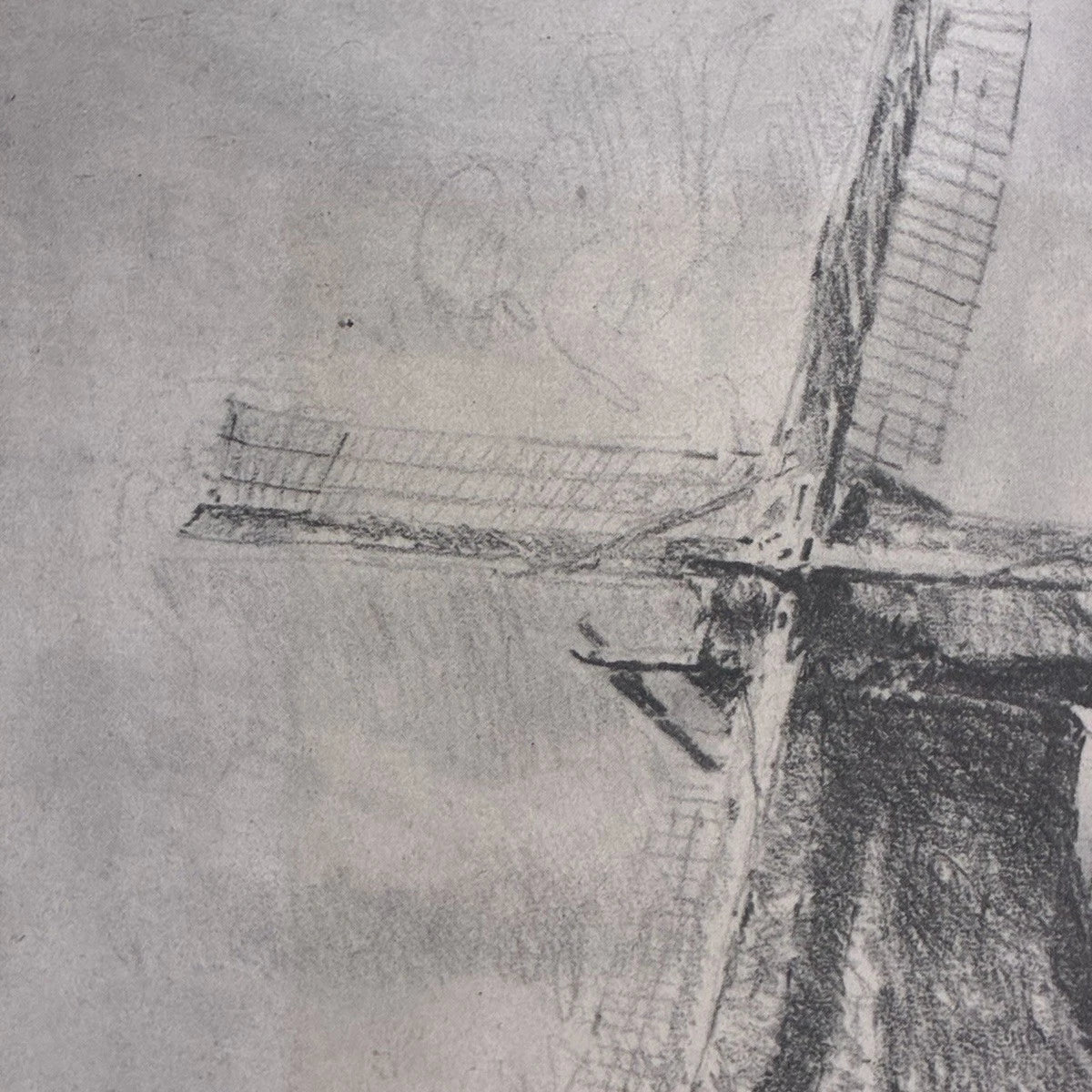 Antique 1928 Original Signed Drawing Windmill Landscape