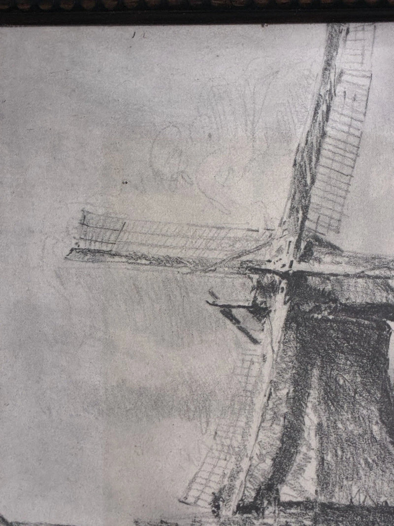 Antique 1928 Original Signed Drawing Windmill Landscape