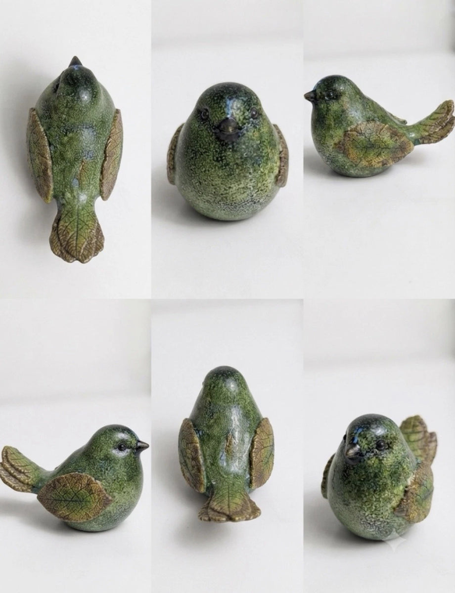 Green Ceramic Bird Figurine With Leaf Texture