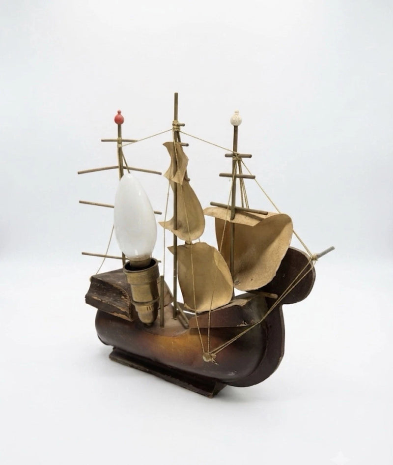 Vintage Wooden Chinese Junk Ship Table Lamp Nautical