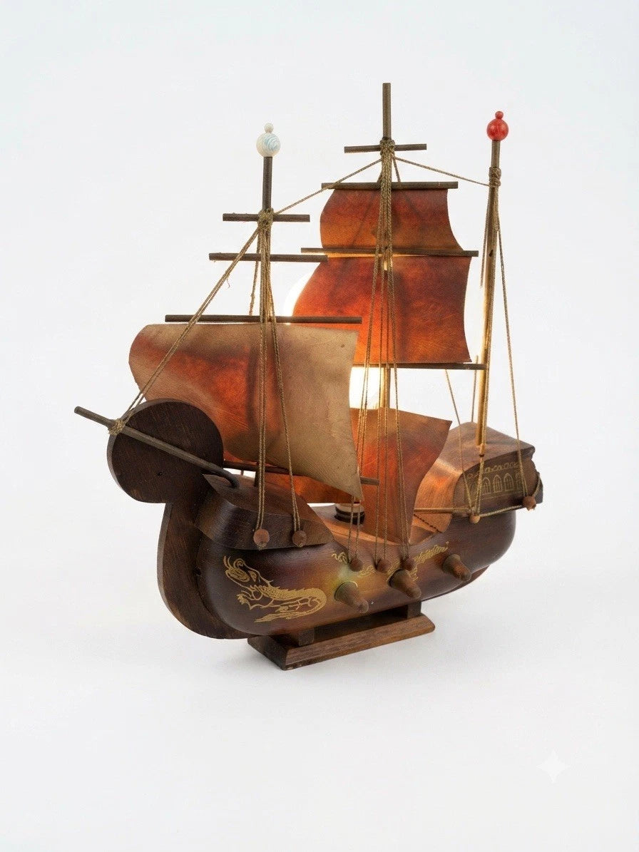 Vintage Wooden Chinese Junk Ship Table Lamp Nautical