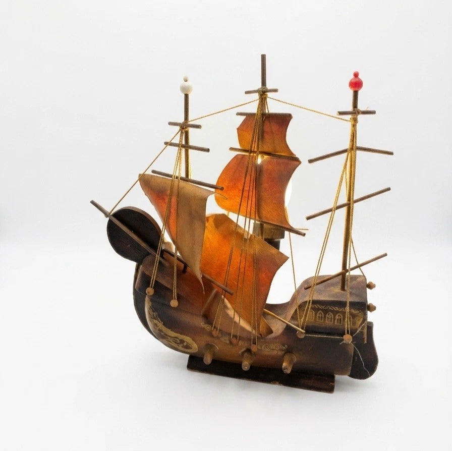 Vintage Wooden Chinese Junk Ship Table Lamp Nautical