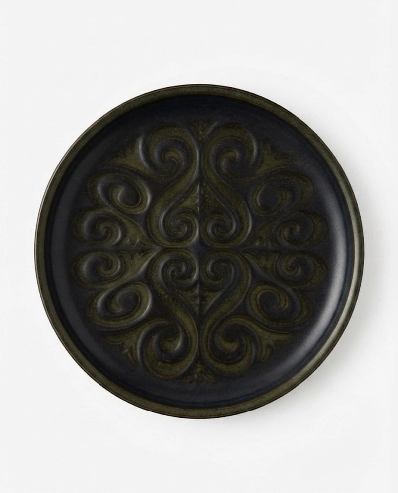 Vintage Studio Pottery Plate Green Black Embossed Swirl