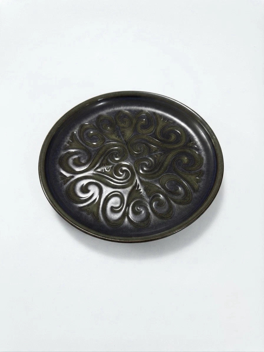 Vintage Studio Pottery Plate Green Black Embossed Swirl