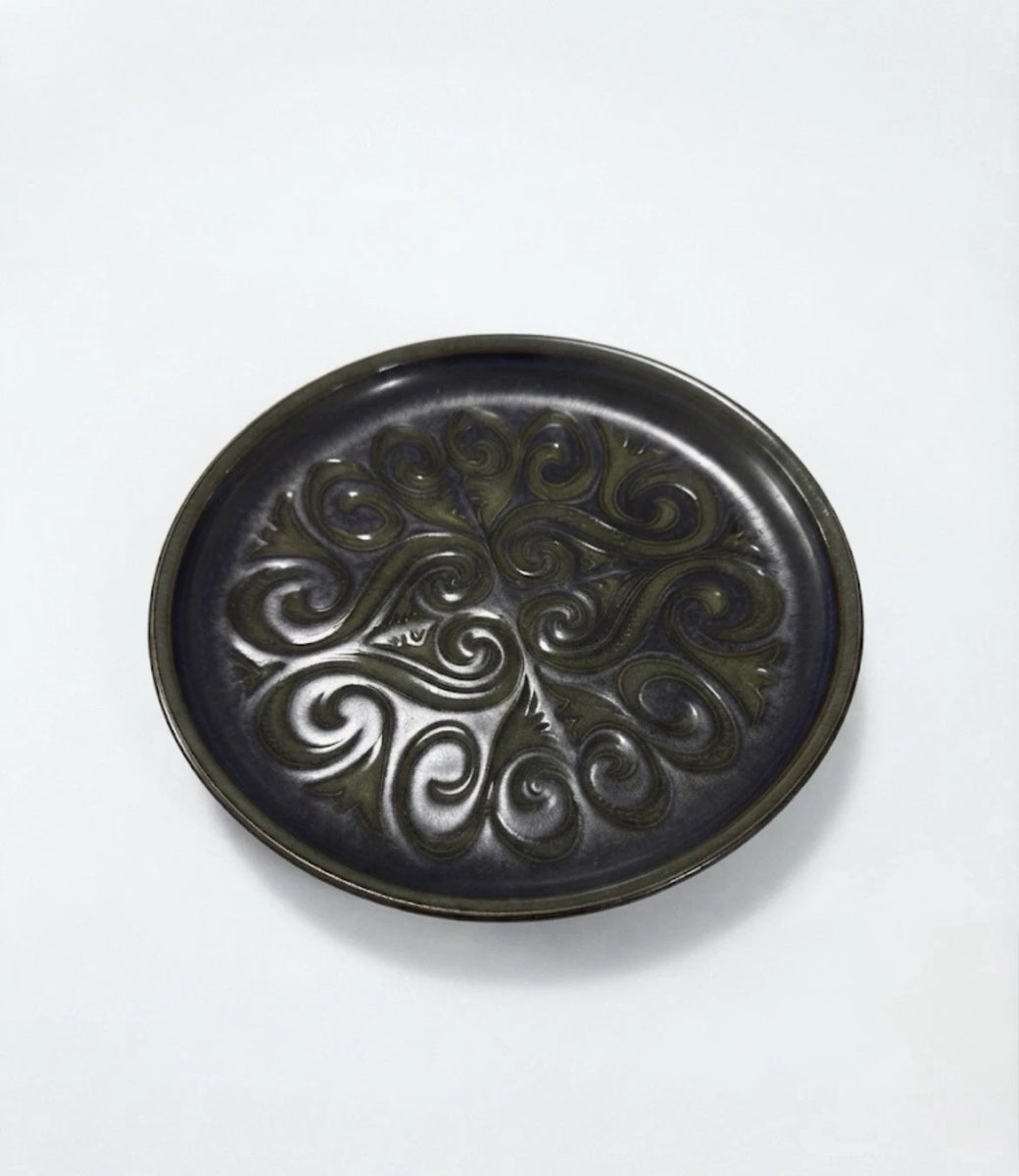 Vintage Studio Pottery Plate Green Black Embossed Swirl