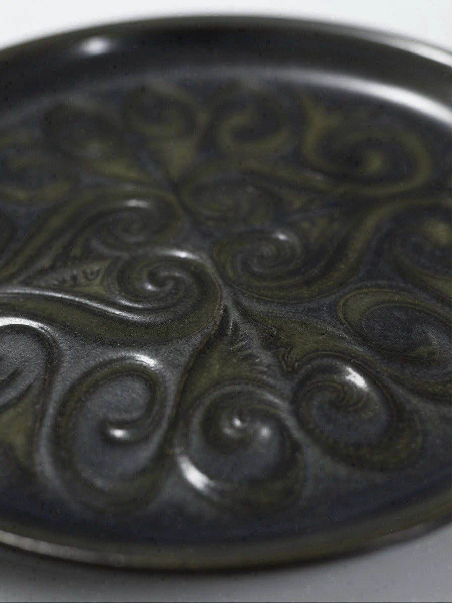 Vintage Studio Pottery Plate Green Black Embossed Swirl