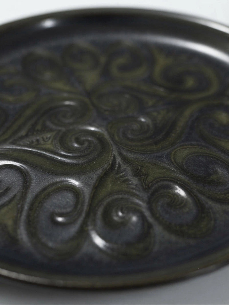 Vintage Studio Pottery Plate Green Black Embossed Swirl