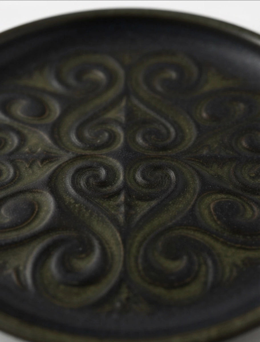 Vintage Studio Pottery Plate Green Black Embossed Swirl