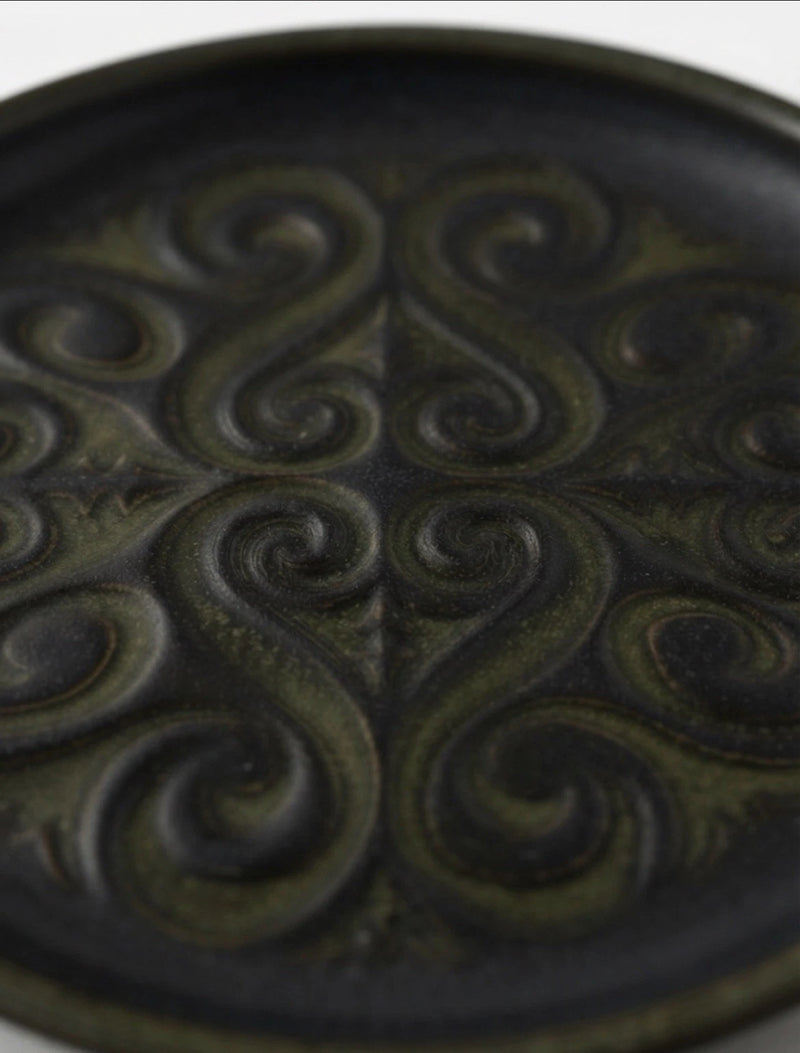 Vintage Studio Pottery Plate Green Black Embossed Swirl