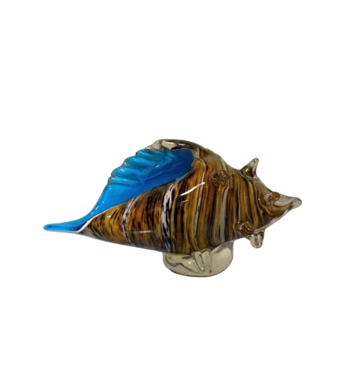 Murano Style Art Glass Fish Amber Tiger Stripe Blue Fin