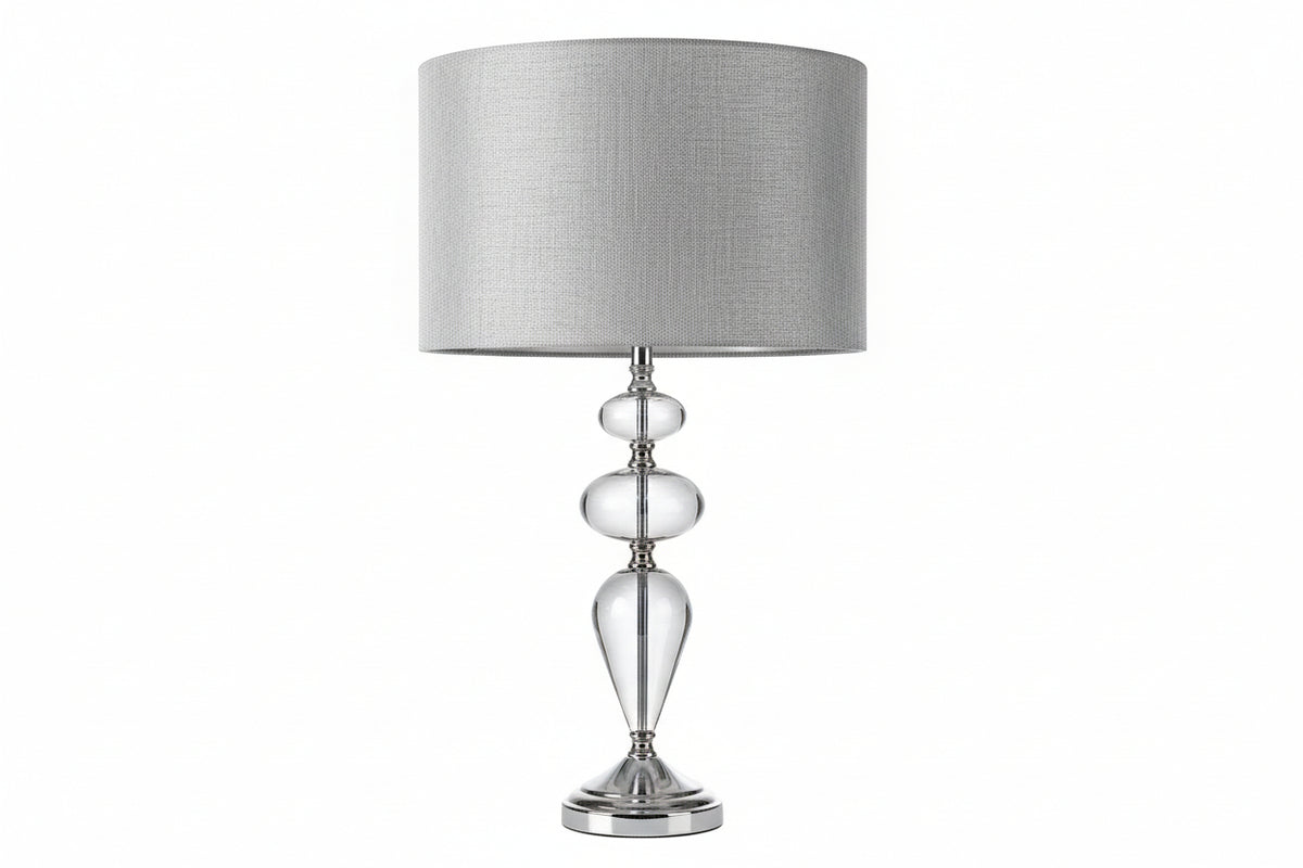 Modern Smoked Grey Glass Table Lamp Chrome Base & Textured Grey Drum Shade|287004311546