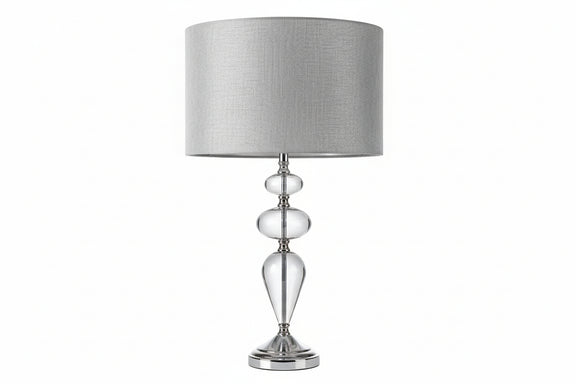 Modern Smoked Grey Glass Table Lamp Chrome Base & Textured Grey Drum Shade|287004311546