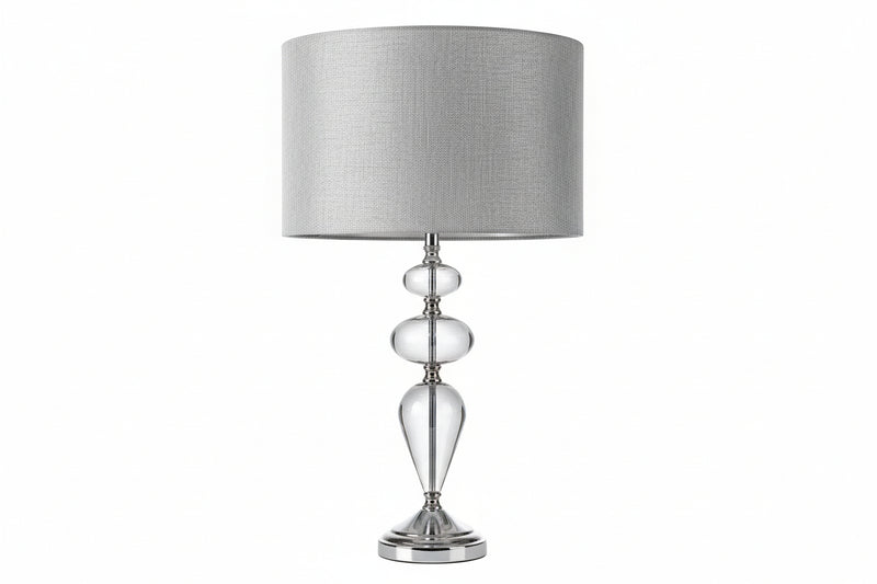 Modern Smoked Grey Glass Table Lamp Chrome Base & Textured Grey Drum Shade|287004311546