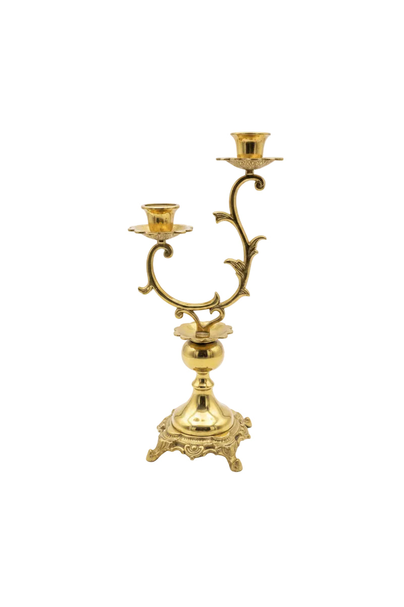 Vintage Pair of Ornate Brass 2-Arm Candelabras | Rococo Style | Scroll & Leaf Design | c.1950s–1970s