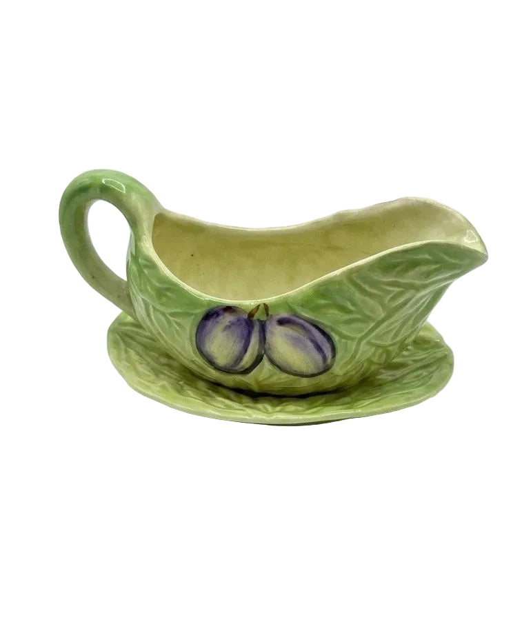 Vintage Shorter & Son Staffordshire Sauce Boat & Underplate | Cabbage Leaf & Plum | Hand Painted | c.1945