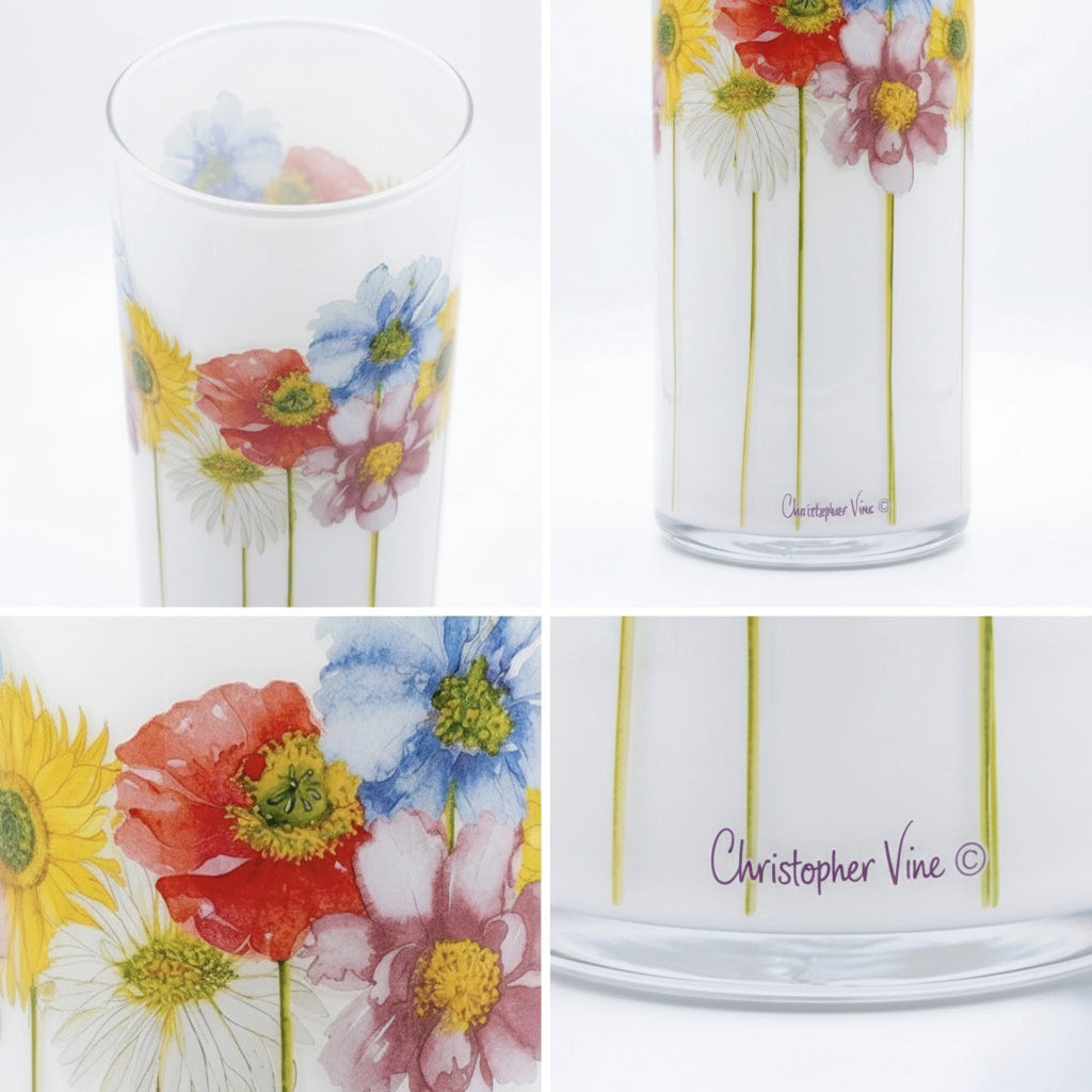 Christopher Vine Design Floral Glass Cylinder Vase - Poppies & Daisies Rare