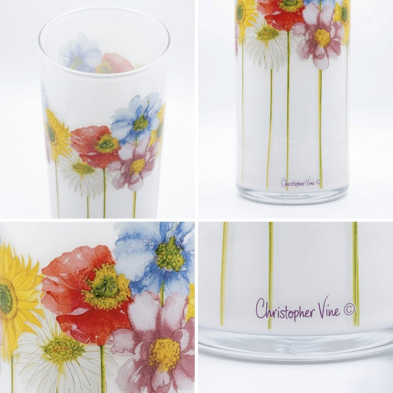 Christopher Vine Design Floral Glass Cylinder Vase - Poppies & Daisies Rare