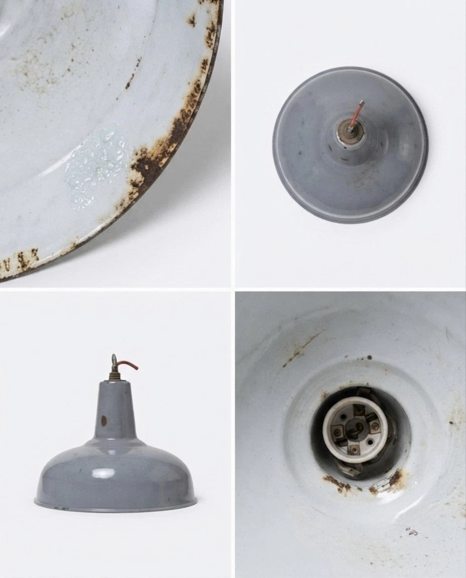 Pair Vintage Industrial Grey Enamel Pendant Light Shade