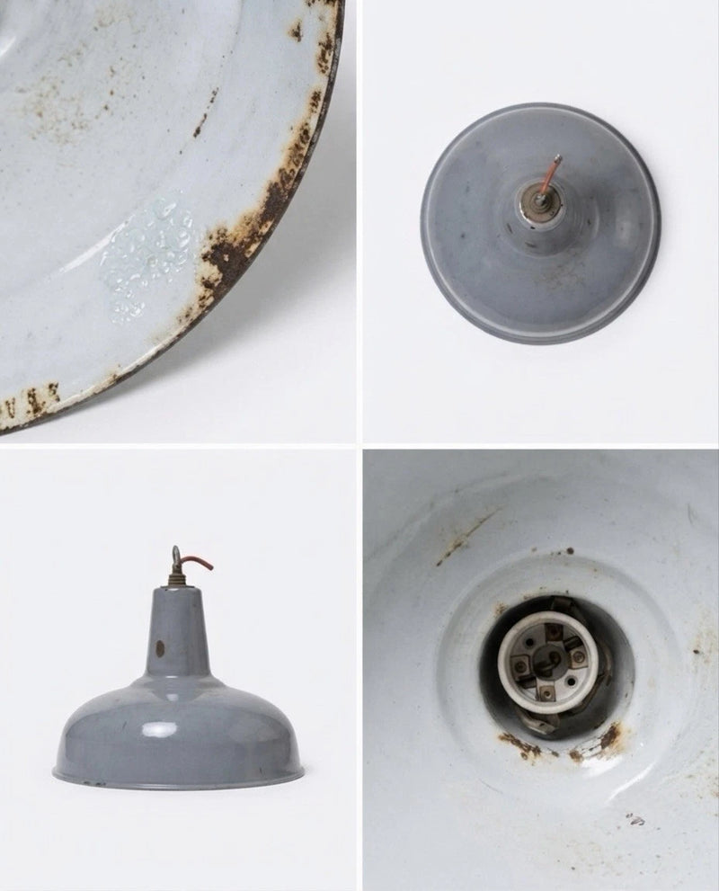 Pair Vintage Industrial Grey Enamel Pendant Light Shade