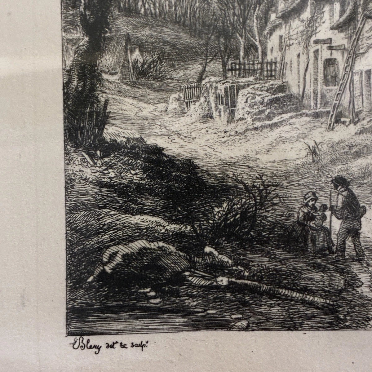 Antique 1840 Original Etching By Eugene Blery Rural Landscape