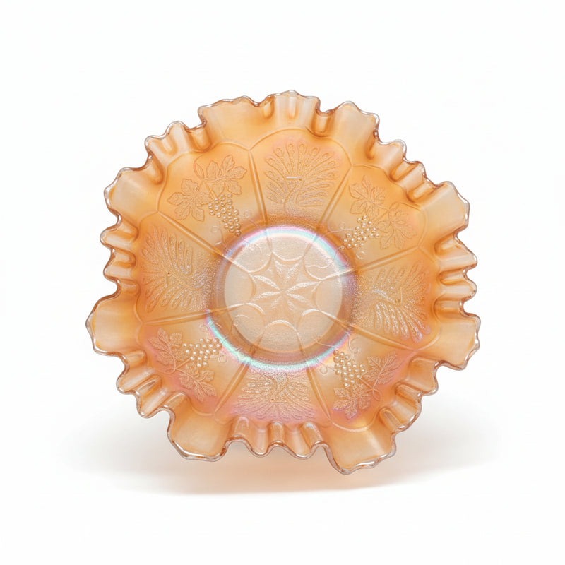 ANTIQUE Carnival Glass Marigold Peacock at the Fountain Ruffled Master Bowl|287008916744