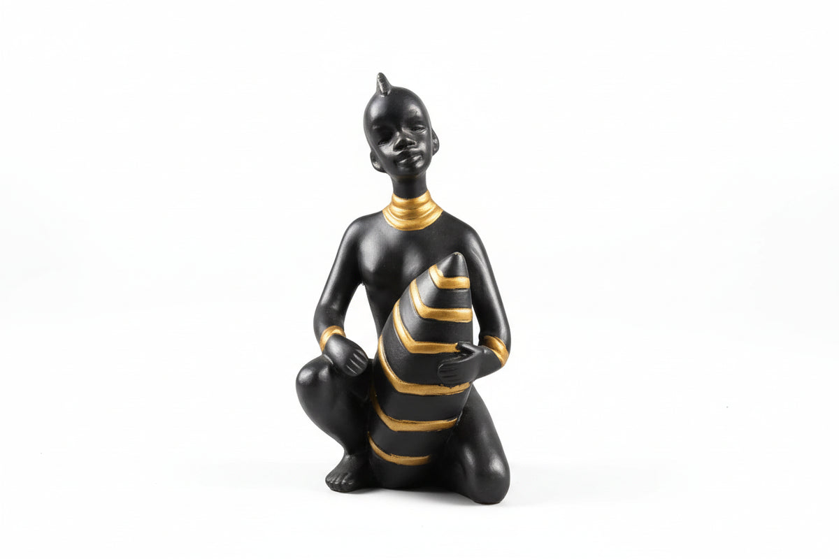 African Tribal Black Woman Statue Figurine Gold Accents Art