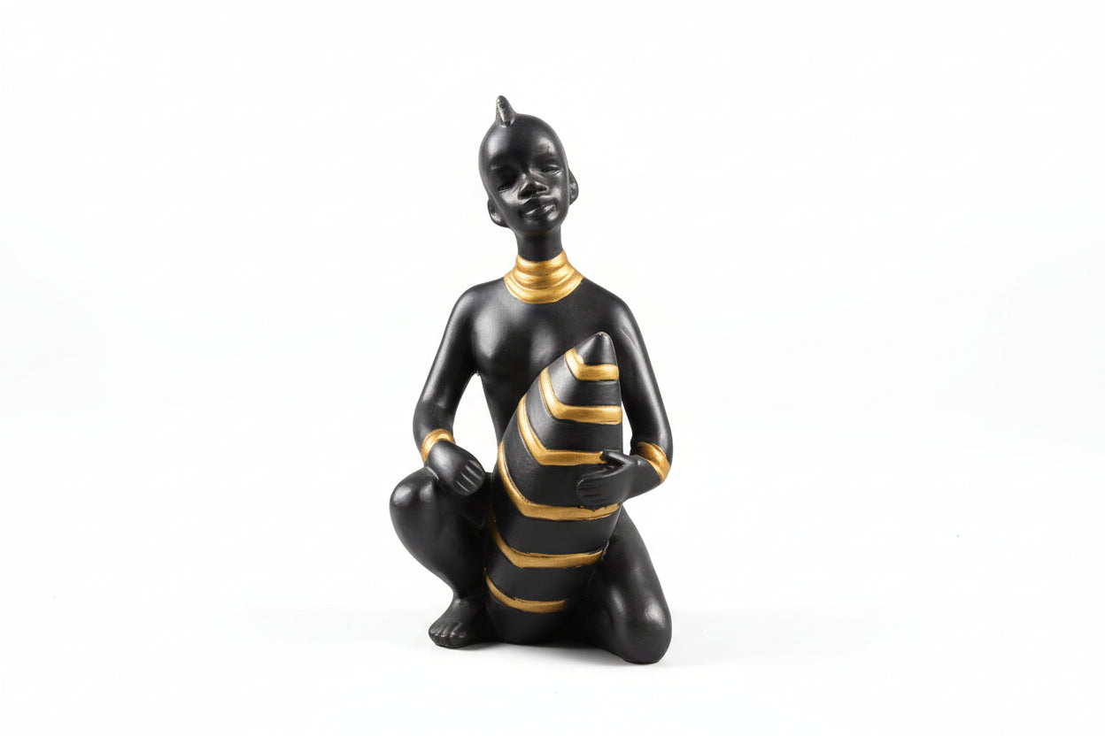 African Tribal Black Woman Statue Figurine Gold Accents Art