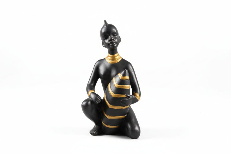 African Tribal Black Woman Statue Figurine Gold Accents Art