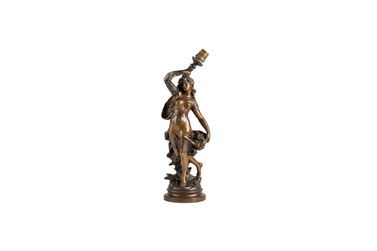 Antique Art Nouveau Spelter Lamp "Le Temps des Roses"by Auguste Moreau (c. 1900)|286964527572