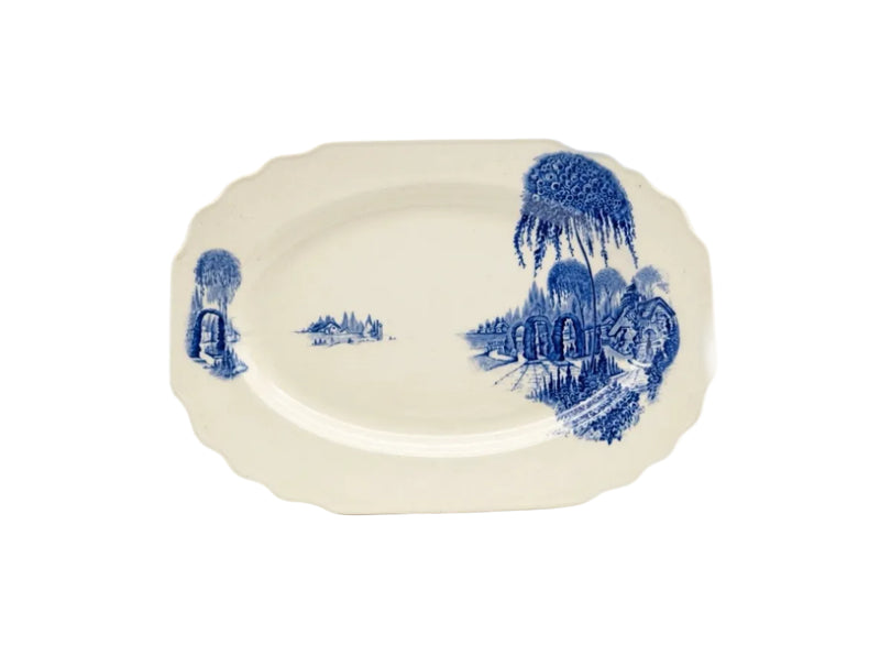 Vintage Myott Son & Co English Ware Blue & White Oval Serving Platter - Pastoral