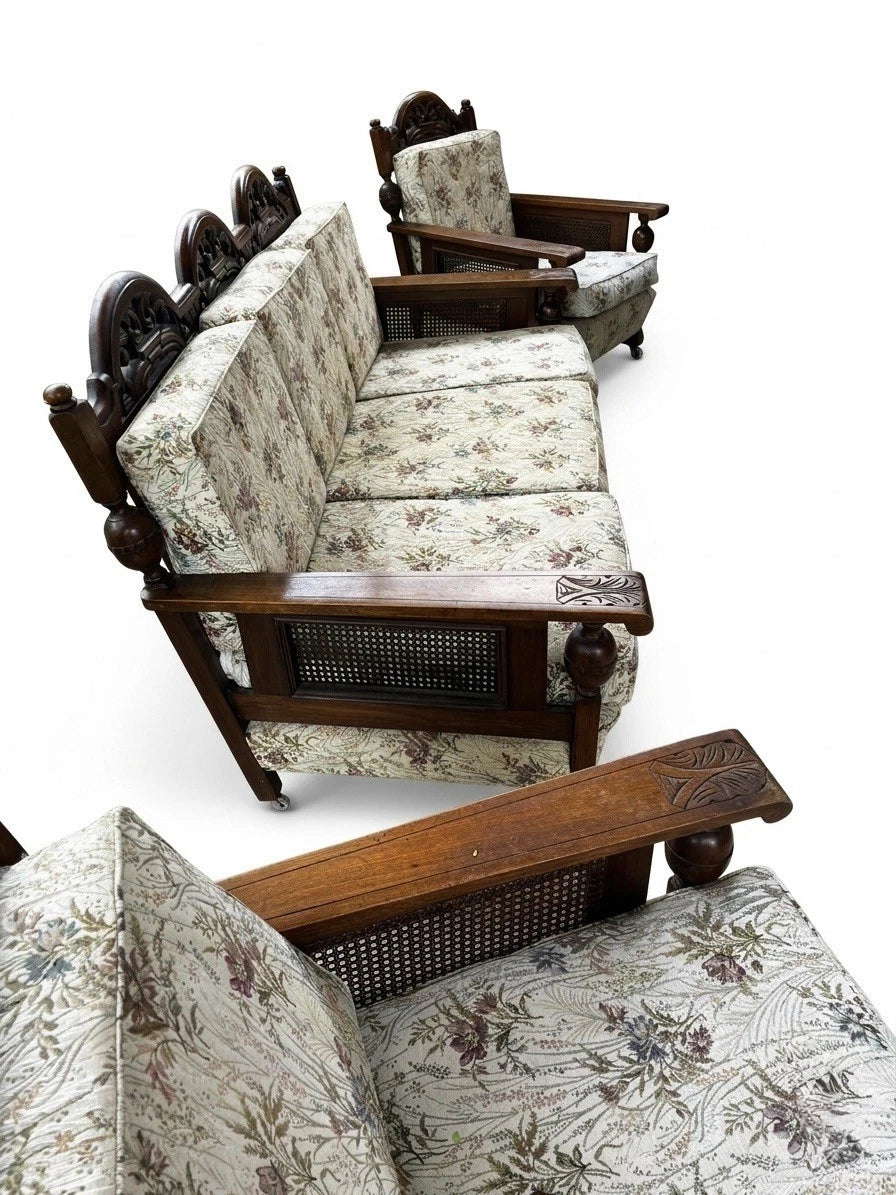 Antique Ornate Carved Wood & Rattan 3 Piece Lounge Suite Sofa Set