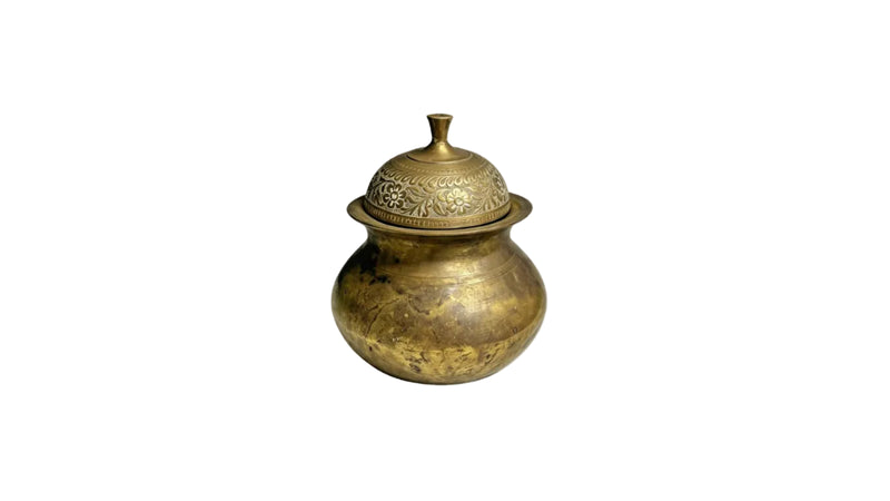 Vintage Hand-Etched Solid Brass Lidded Pot Indian Jar