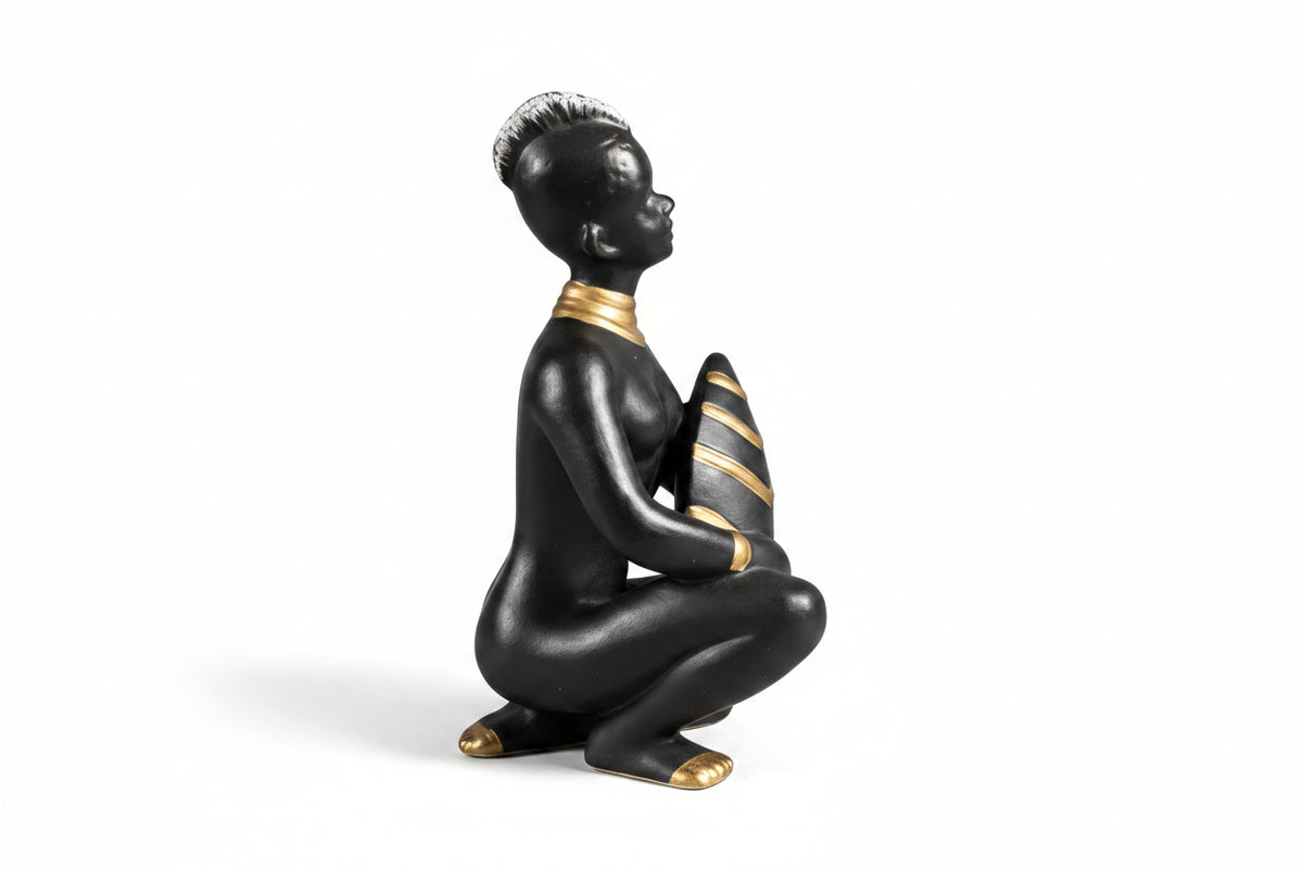 African Tribal Black Woman Statue Figurine Gold Accents Art