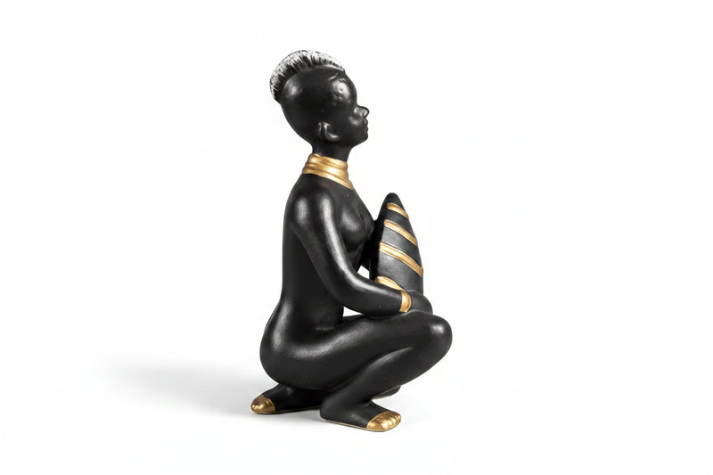 African Tribal Black Woman Statue Figurine Gold Accents Art